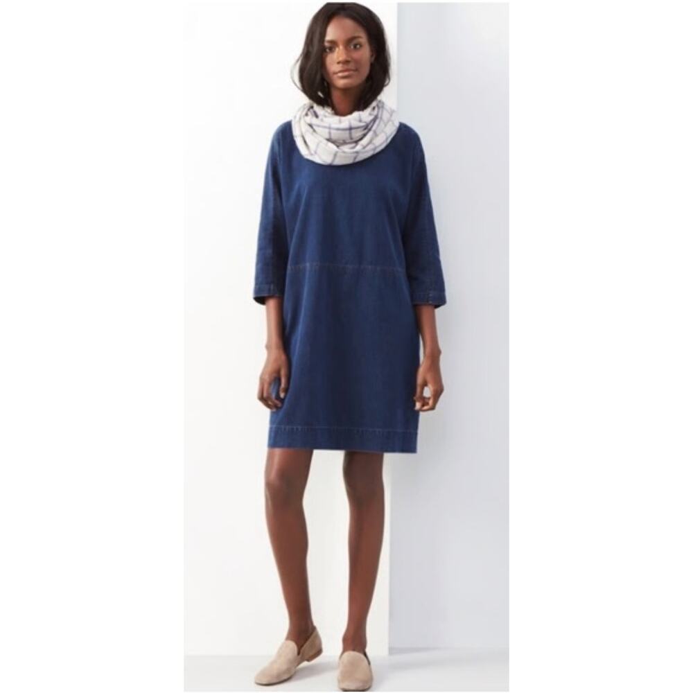 Eileen Fisher Organic Cotton Navy Chambray Shift Oversized Dress Women's sz. XS